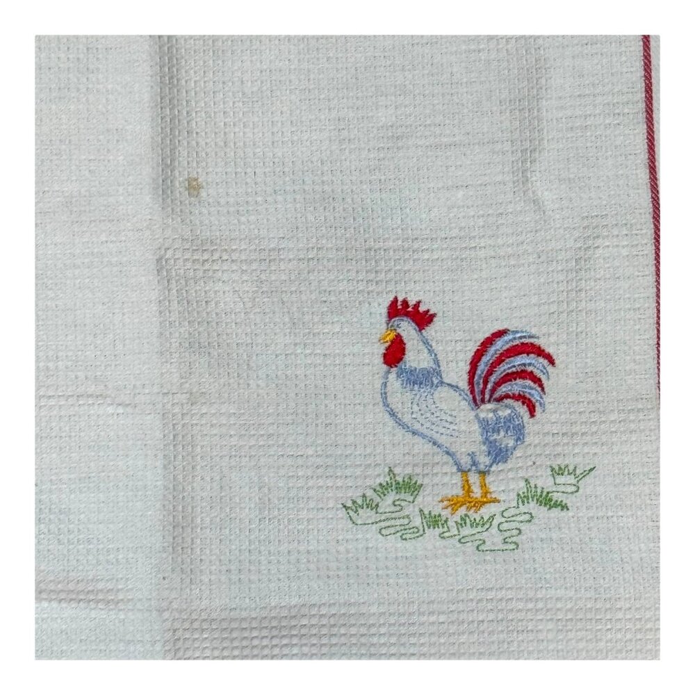 Vintage Cotton Tea Towel Embroidered Rooster Red Crochet Striped Edge Kitchen